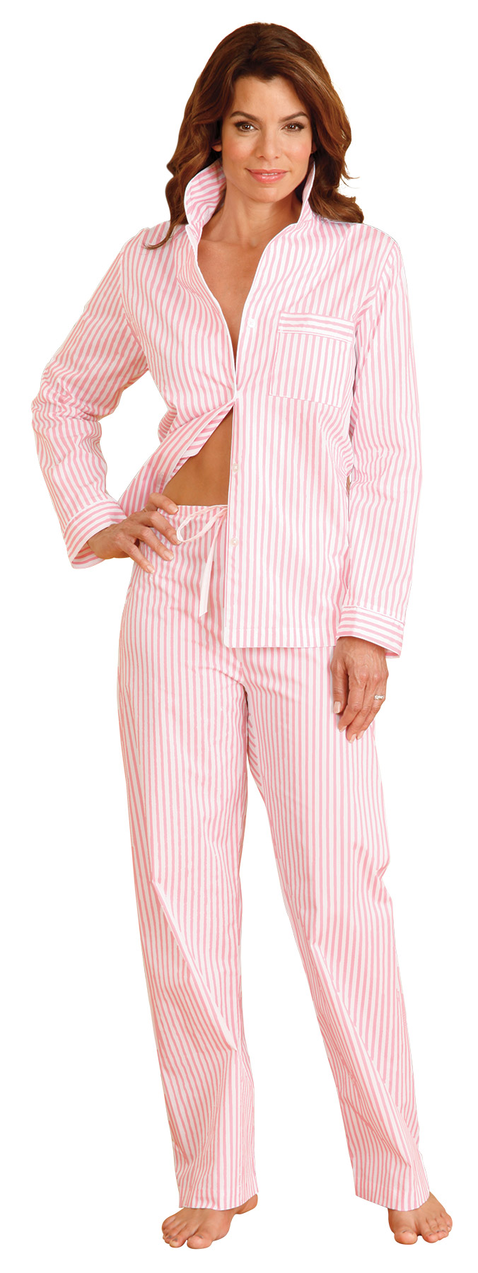 Dominique PJ’s: Meticulously tailored for feminine critique, the classic shirt is detailed with piping, and straight-leg pants have elastic-waist in back, drawstring front. Imported just for you.