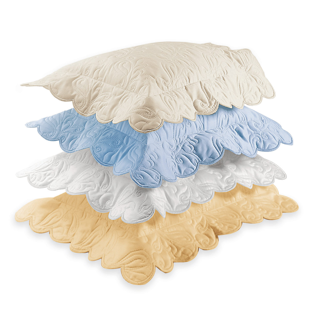 Image of the Paisley quilted bedding collection featuring refined paisley stitching in luminous ivory hues