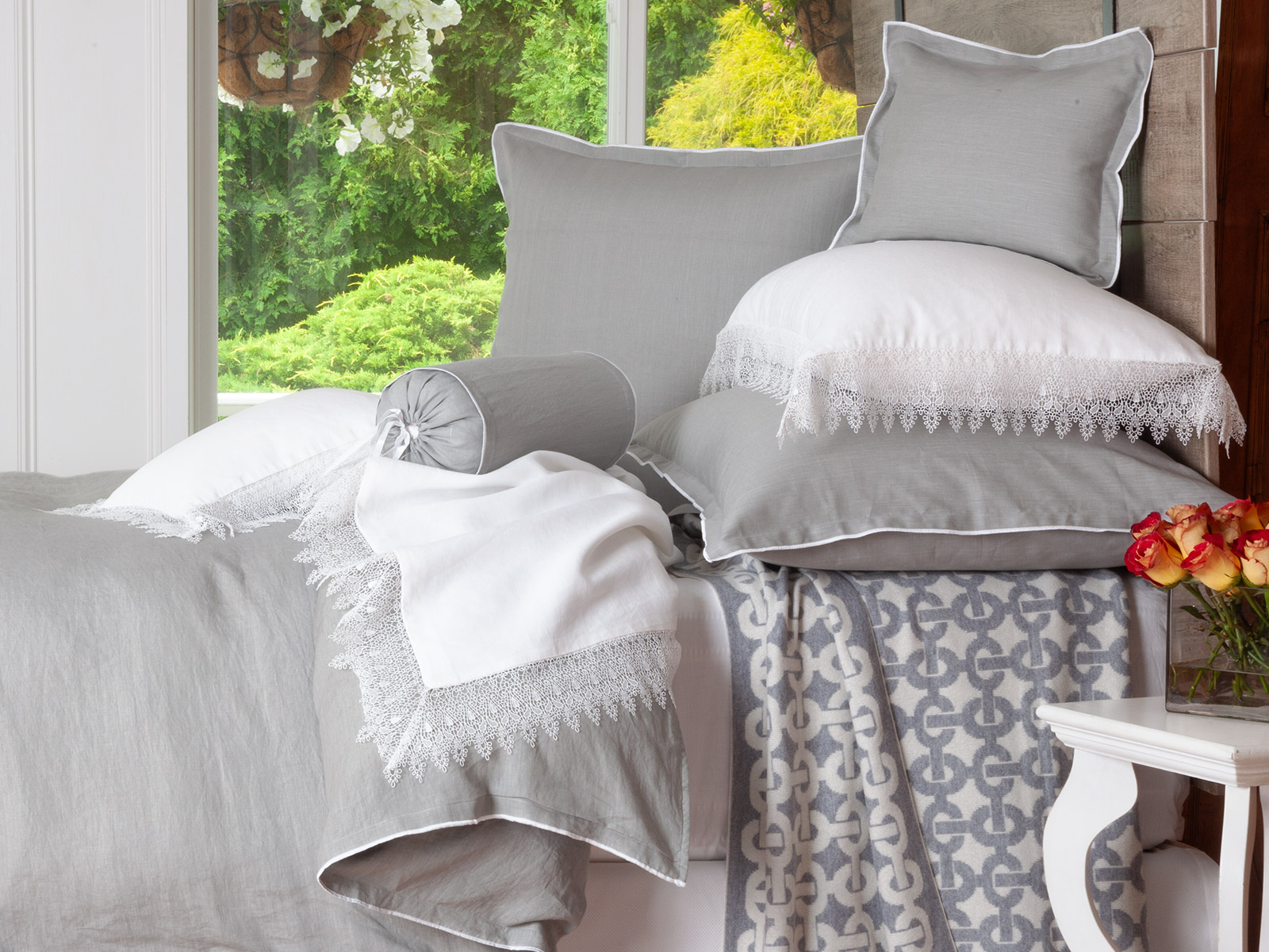 Image of the Beauchamp bedding collection featuring breathable natural fibers and elegant layered styling