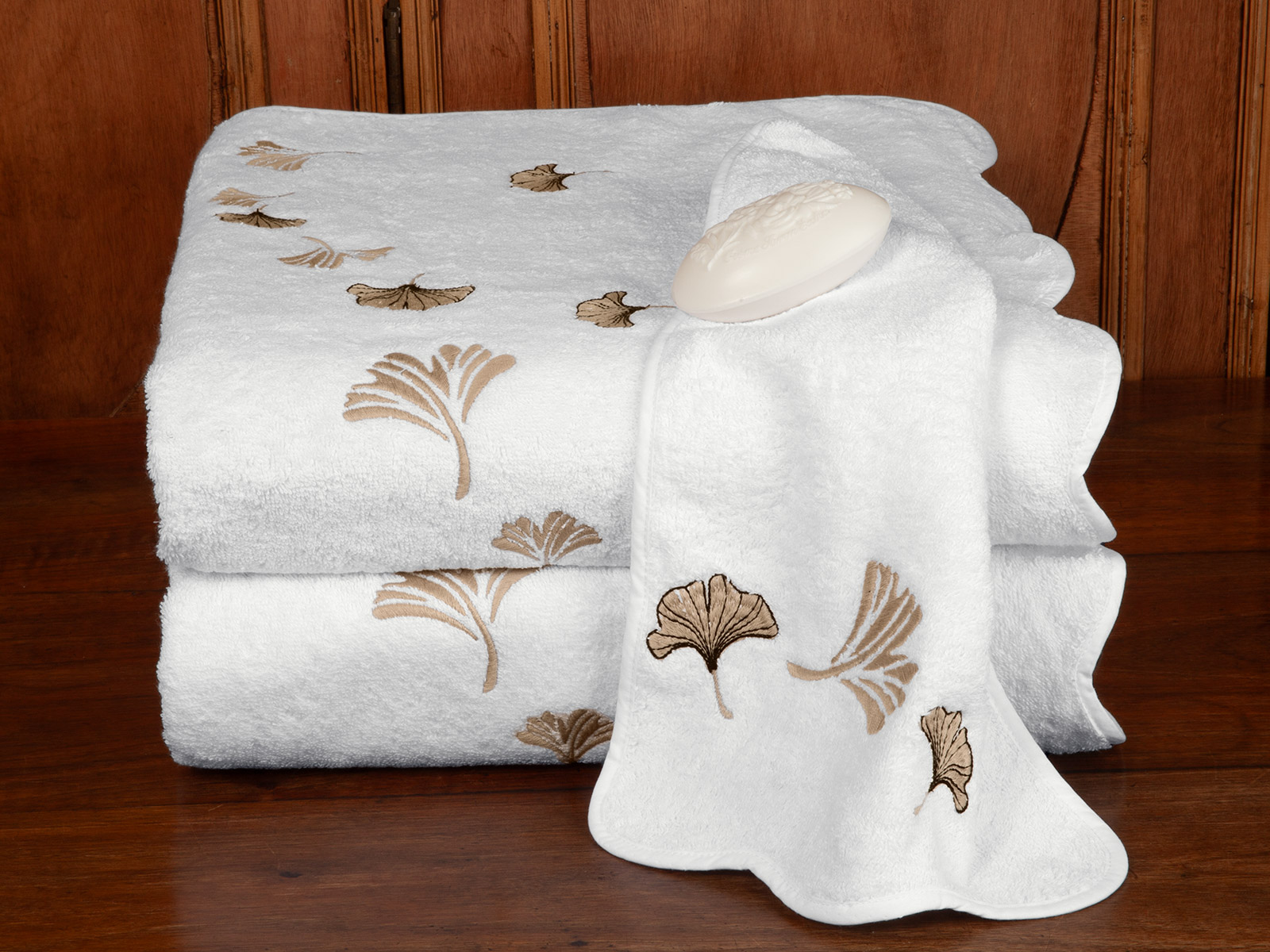 Image of Ginkgo Fantasy luxury towels featuring elegant botanical embroidery and premium cotton