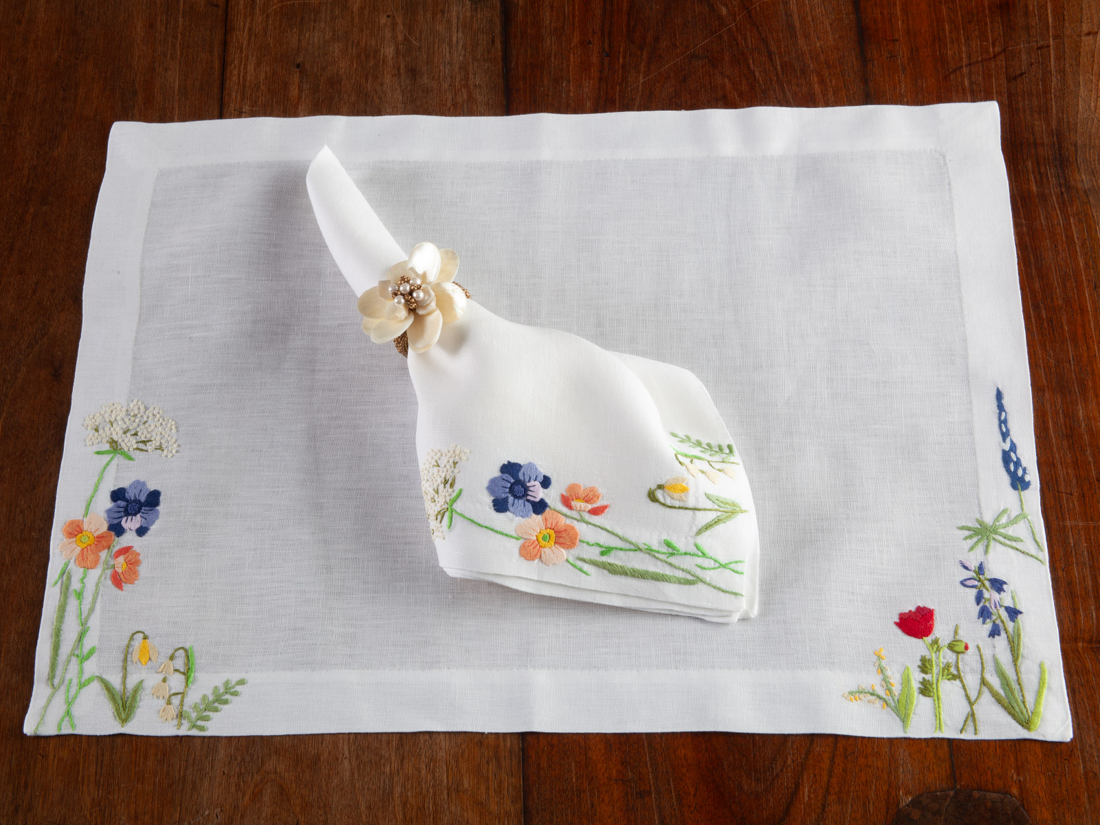 Image of Botanical Gardens placemats featuring elegant floral embroidery and refined craftsmanship