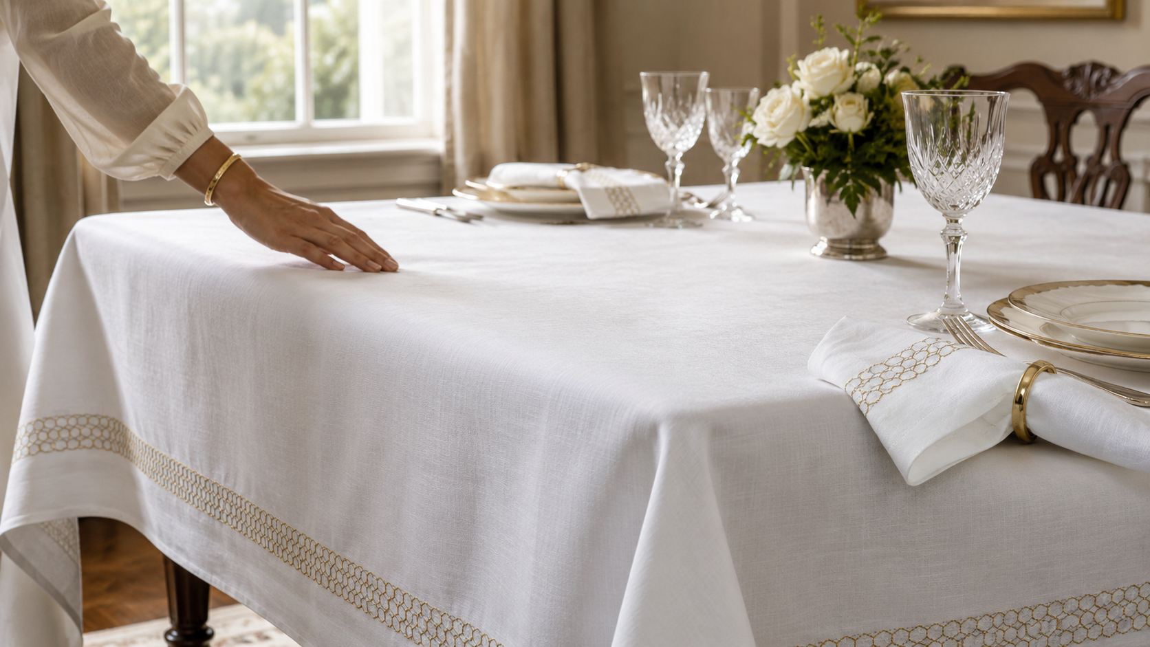 Elegant white linen tablecloth and lace napkin being arranged on a refined dining table in warm natural light.