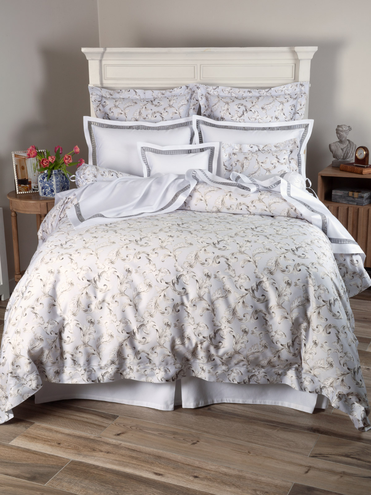 Image of Whispering Acanthus sateen bedding with botanical detailing, silky sheen and polished elegance.