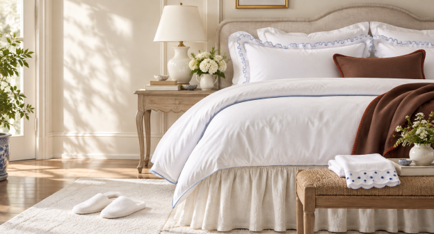 Elegant bedroom featuring white bedding with blue trim, gathered bed skirt, brown throw, guest towel and slippers.