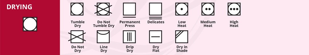Image graphic showing Group Four: Drying symbols. There are twelve symbols: (1) Square with Circle = Tumble Dry; (2) Crossed-out Square with Circle = Do Not Tumble Dry; (3) Square with single line under = Permanent Press; (4) Square with two lines under = Delicates; (5) Square with Circle and one dot in center = Low Heat; (6) Square with Circle and two dots = Medium Heat; (7) Square with Circle and three dots = High Heat; (8) Crossed-out Square = Do Not Dry; (9) Square with drooping line at top = Line Dry; (10) Square with three vertical lines = Drip Dry; (11) Square with single horizontal line = Dry Flat; (12) Square with two angled lines = Dry in Shade.