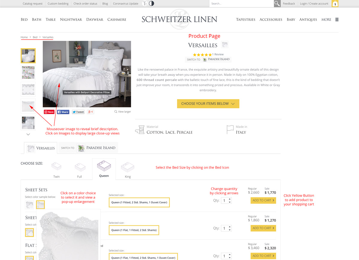 Image graphic of typical Product Page showing elements that can be selected for purchase including the ability to choose different large Product Photos with descriptions, Ability to choose different Sizes, Colors and Quantities for purchase and method of Clicking Yellow “Add to Cart” button to complete purchase.