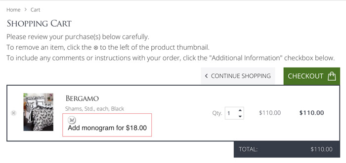 mono-Shopping cart - click the text to be taken to the Monogramming Selection panel