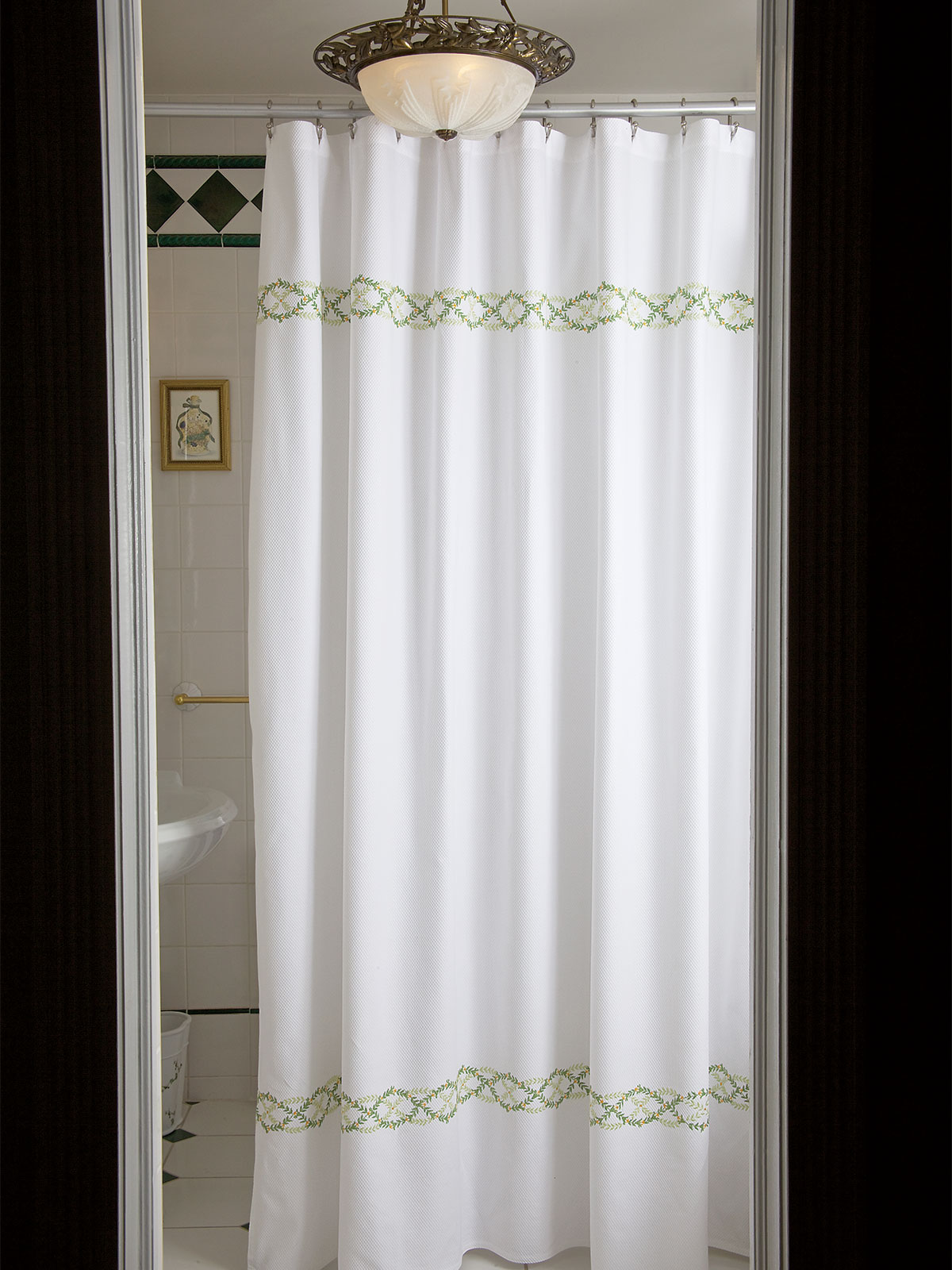 green and white shower curtain